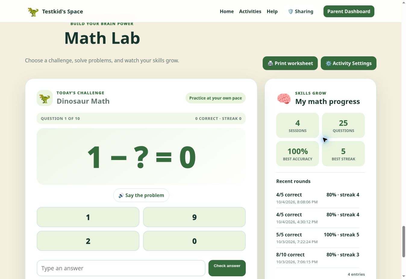 Math Lab showing a practice question and answer choices