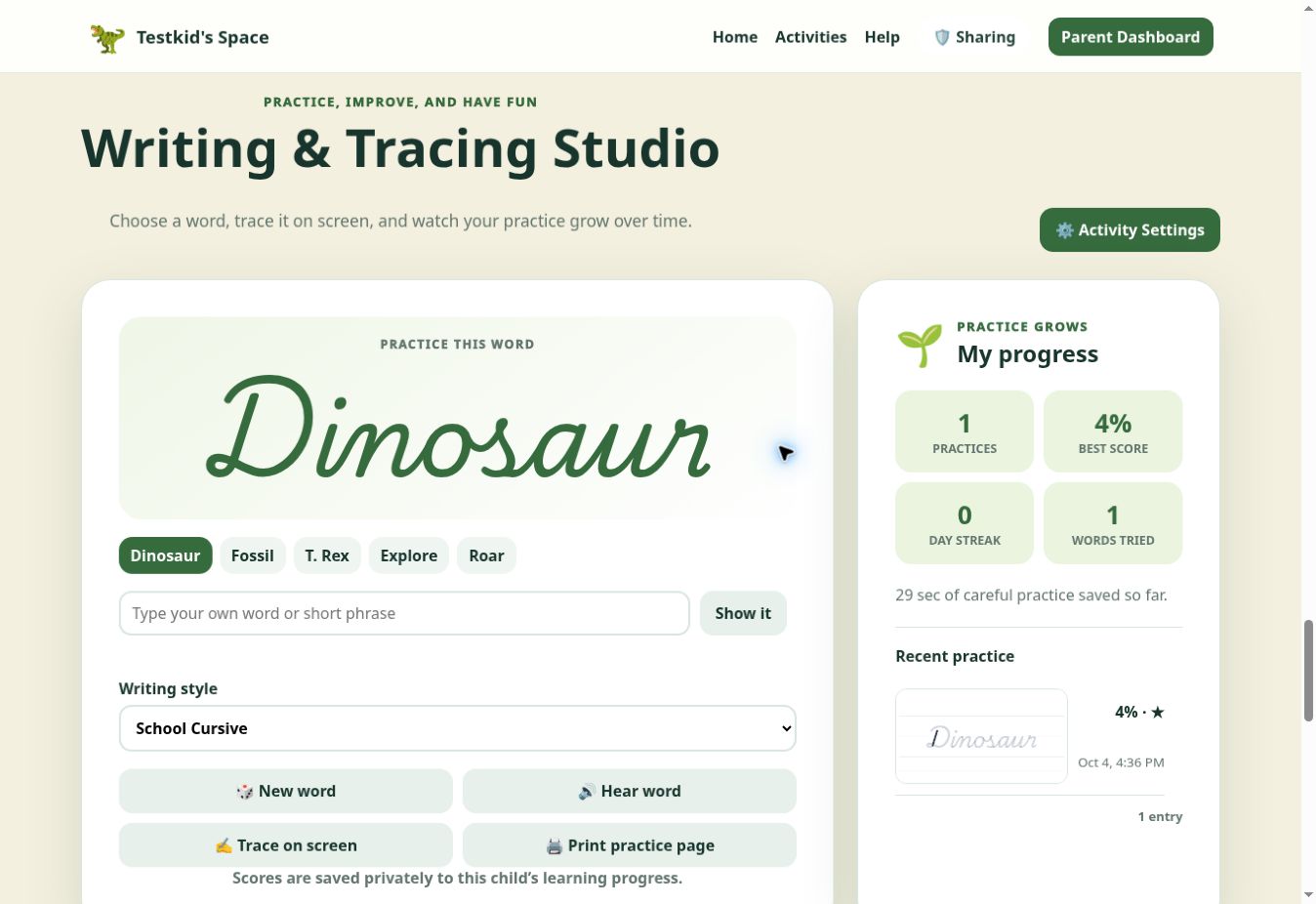 Writing Studio showing a practice word, word choices, writing style, and Trace it and Print practice buttons